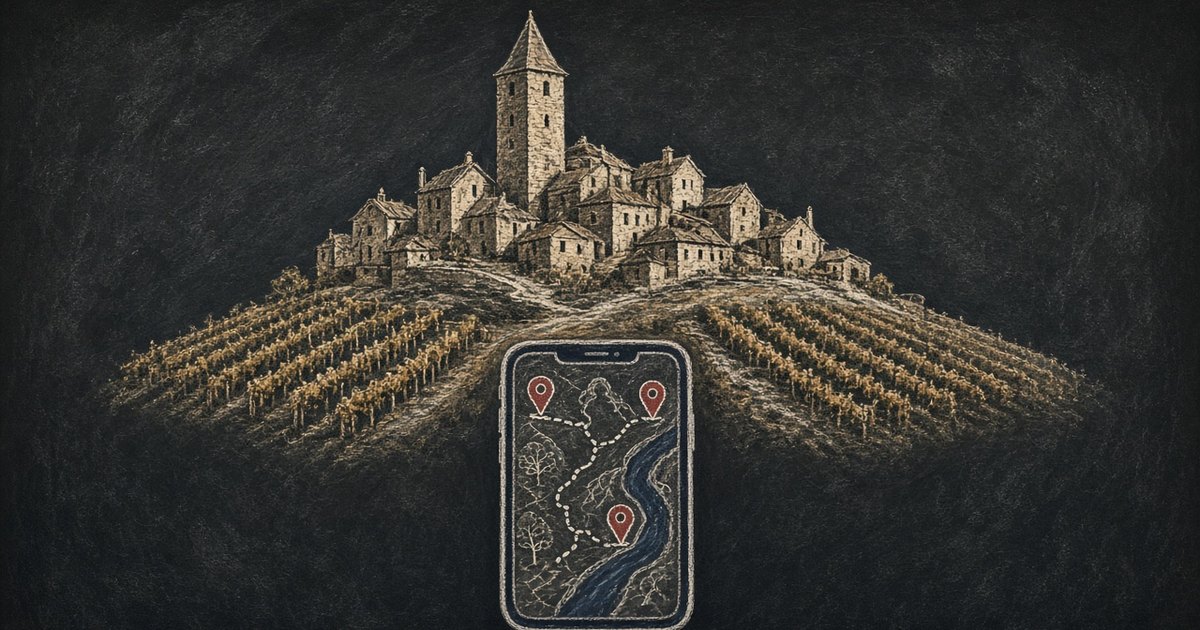 Dessin à la craie sur tableau noir : un village perché en pierres dorées entouré de vignes, et au premier plan un smartphone affichant une carte avec trois repères rouges et un chemin en pointillés.